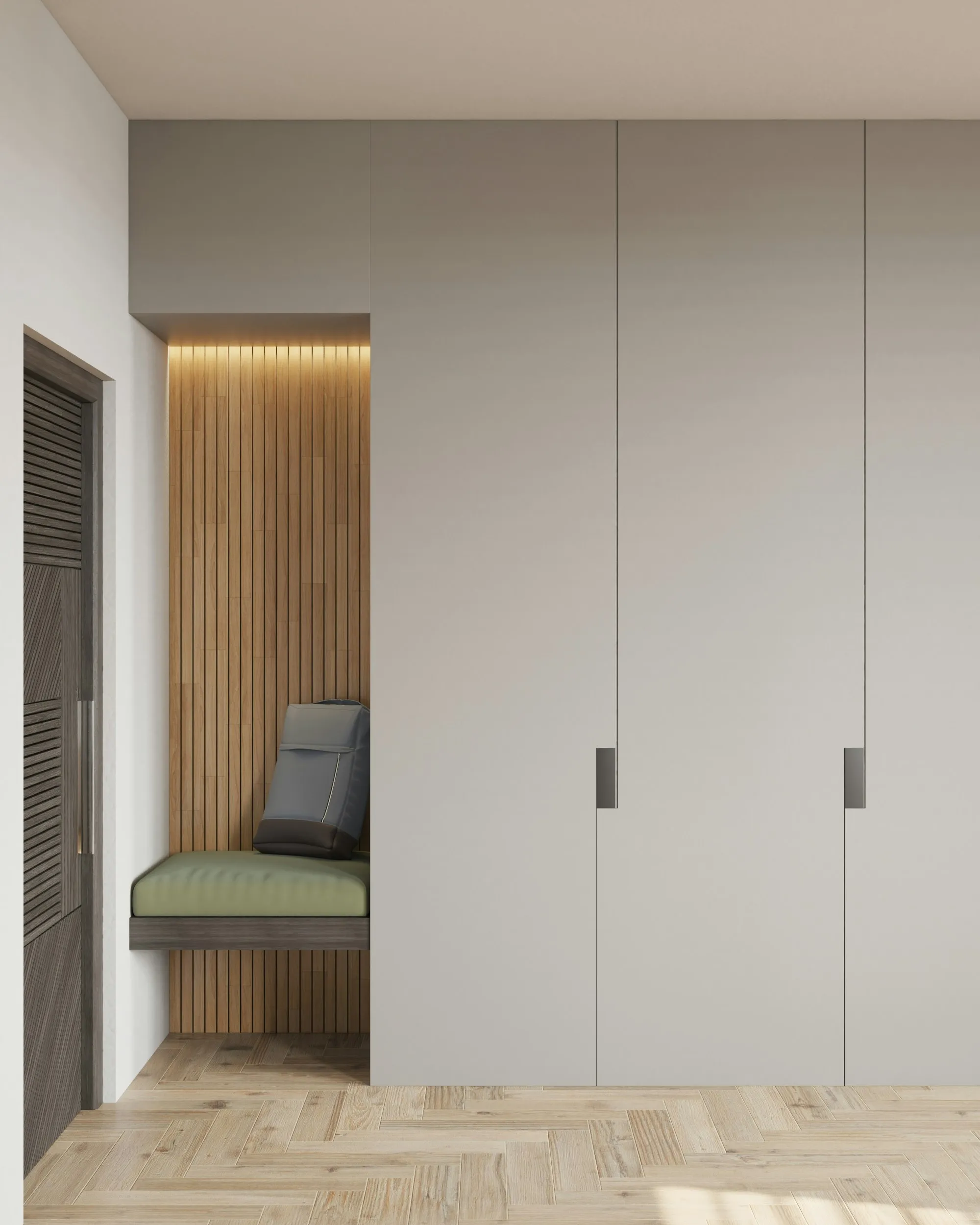Muebles empotrados con panel de madera y banco blanco